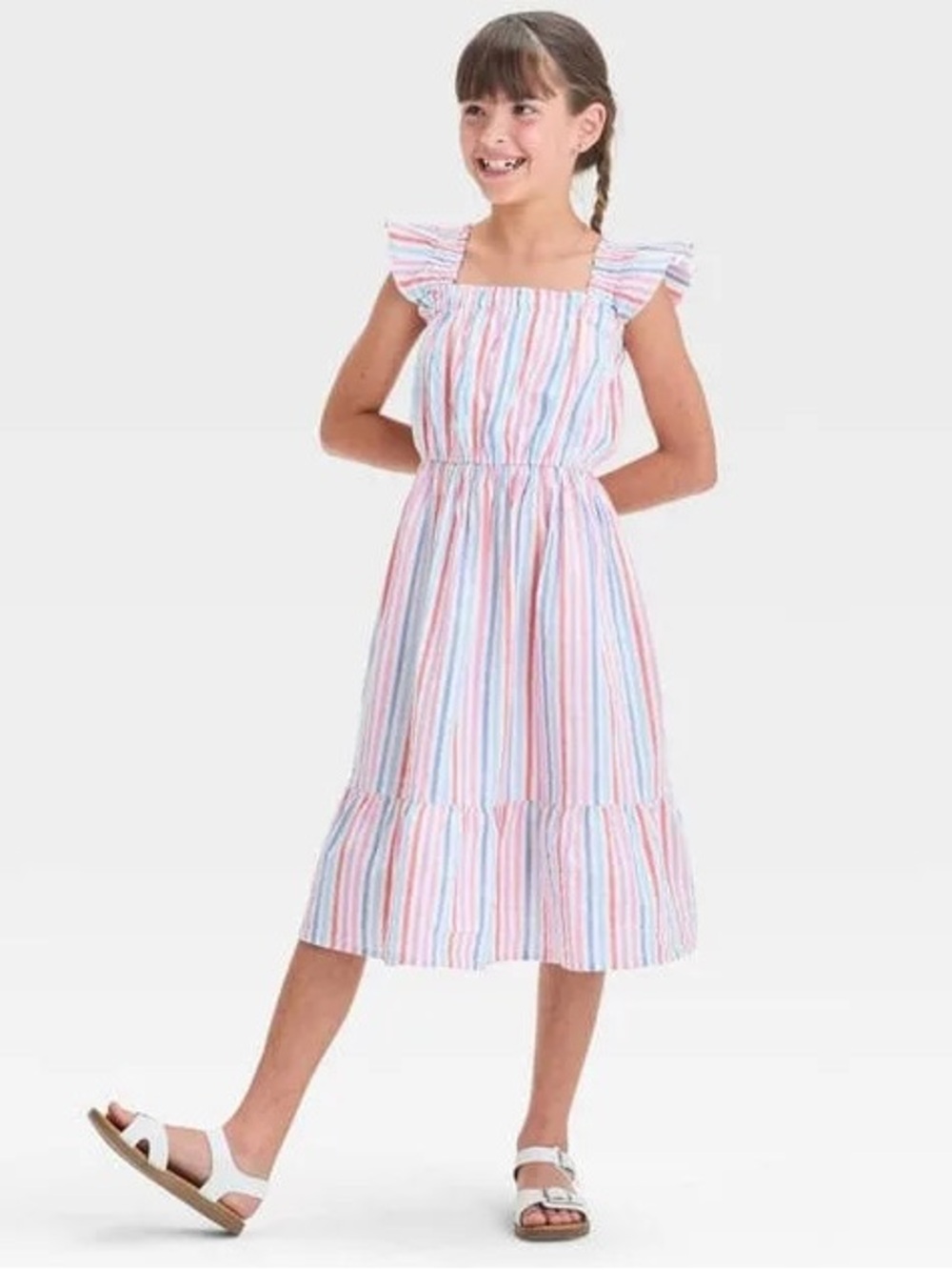 Cat & Jack Girls' Sleeveless Striped Woven Midi Dress - Off White M